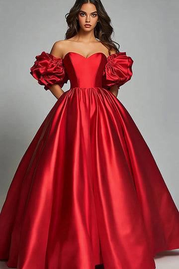 Red Off The Shoulder A Line Satin Ruffle Puff Sleeves Long Formal Dress
